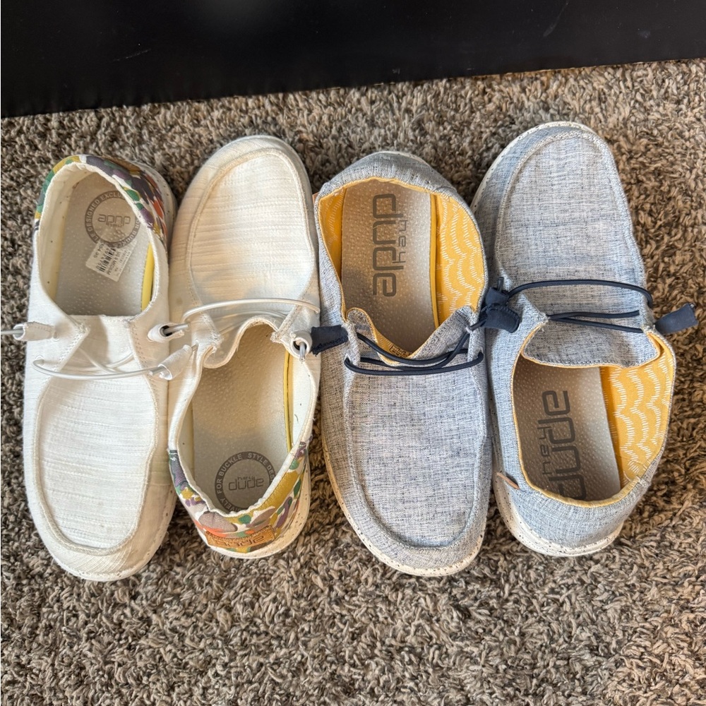 2 pair of women’s size 9M HEY DUDE slip on shoes.  White and blue!!